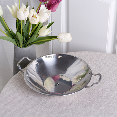 Stainless steel thickened non-magnetic flat-bottomed alcohol pan with double handles, dry pot, sand pot, restaurant pot, water boiling pot, home cooking soup pot