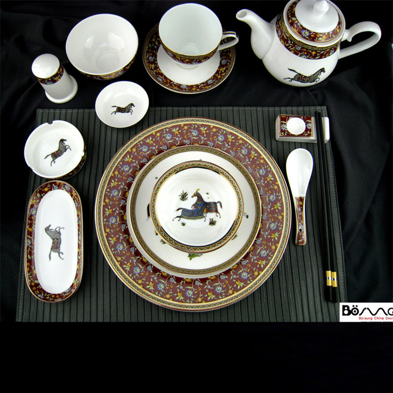 厂家跨境销售翠花系列骨瓷中式餐具家用餐厅陶瓷杯碟碗茶壶套装