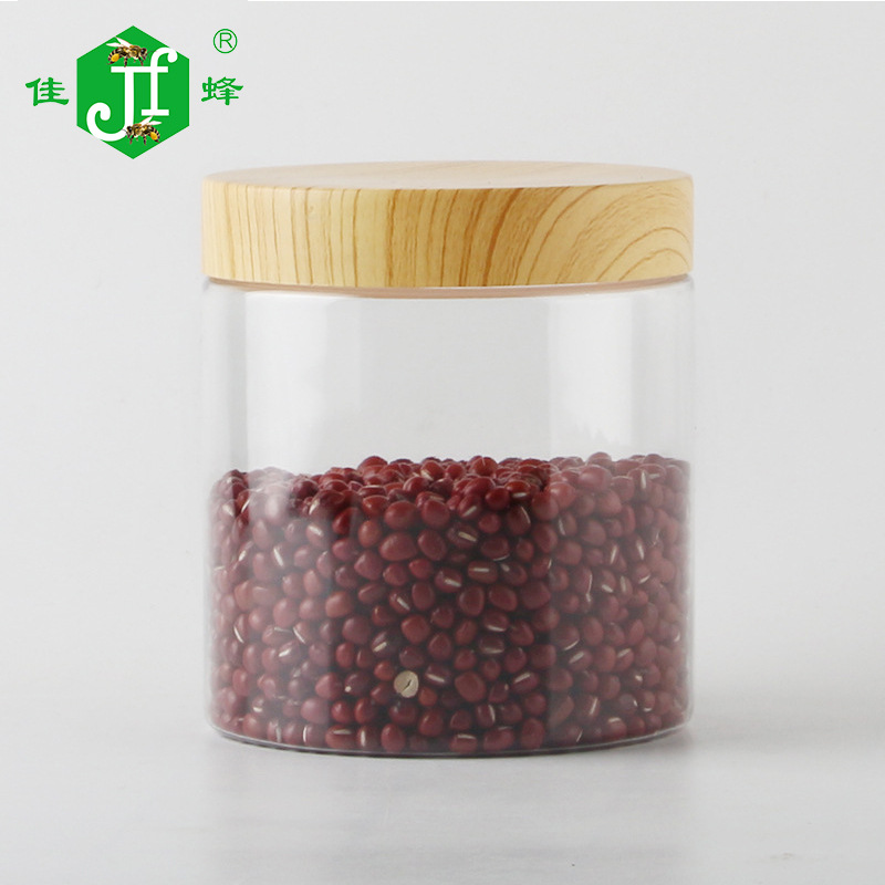 食品级PET透明塑料瓶加厚饼干杂粮花茶罐包装密封罐子带木纹盖