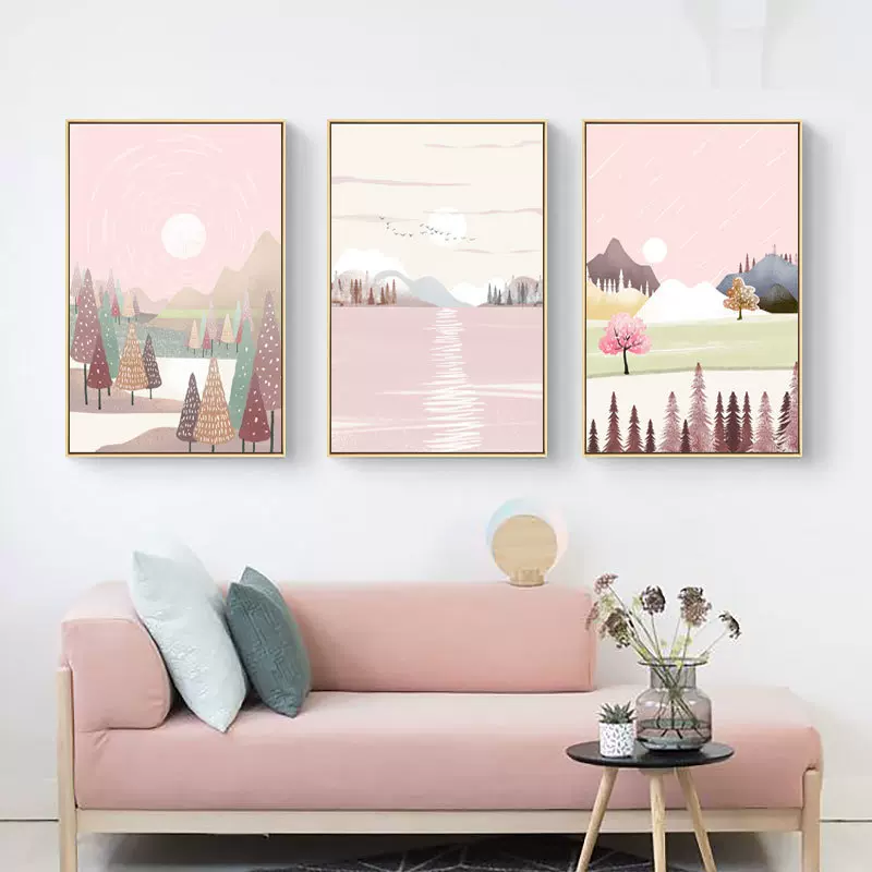 现代装饰画小清新风景插画粉色山水客厅儿童房北欧客厅卧室无框画