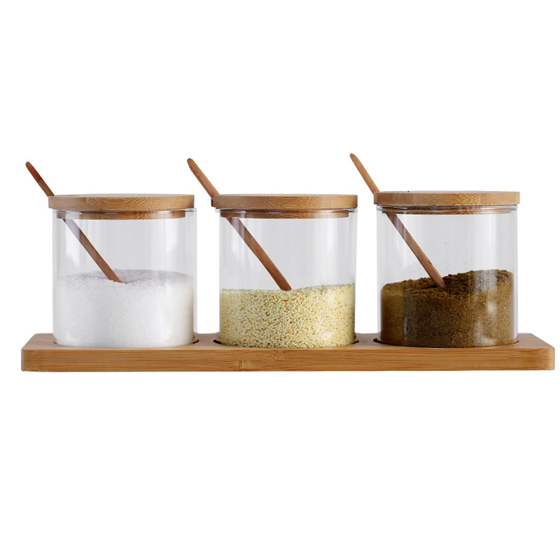 Fuente de la fábrica cocina condimento tarro vidrio japonés bambú madera cubierta condimento tarro azúcar y sal tarro condimento a prueba de polvo botella traje