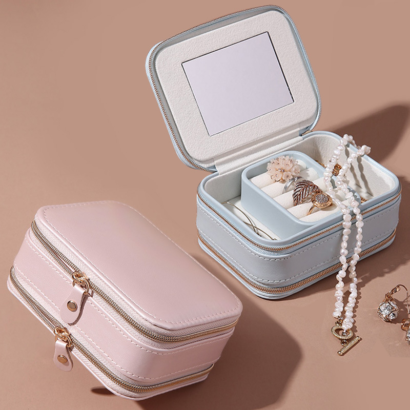 Amazon Double Zipper Jewelry Portable Storage Box Ring Earrings Necklace Jewelry Box PU Leather Lipstick Cosmetic Box