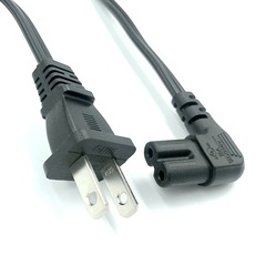 UL-approved American-style bent two-prong power cord, featuring a US-standard 2-prong design, a 2-conductor US-spec wiring configuration, and a 90-degree right-angle "hoe" connector with an 8-shaped tail plug.