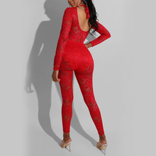 ZL1235现货 2024春季新款亚马逊女装性感露背长袖红色蕾丝连体裤