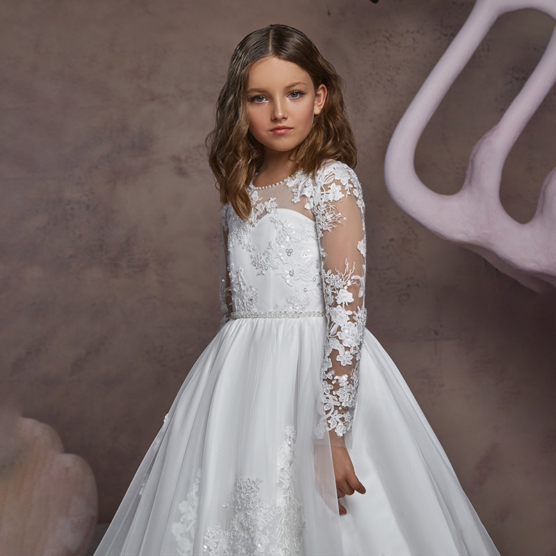 Girls Long Sleeve Lace Dress Round Neck Train Performance Birthday Children's Casual Wear【Pre-sale | Ships In 15 Days】_voghion.com