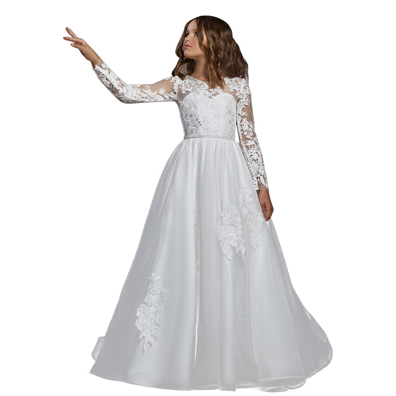 Girls Long Sleeve Lace Dress Round Neck Train Performance Birthday Children's Casual Wear【Pre-sale | Ships In 15 Days】_voghion.com