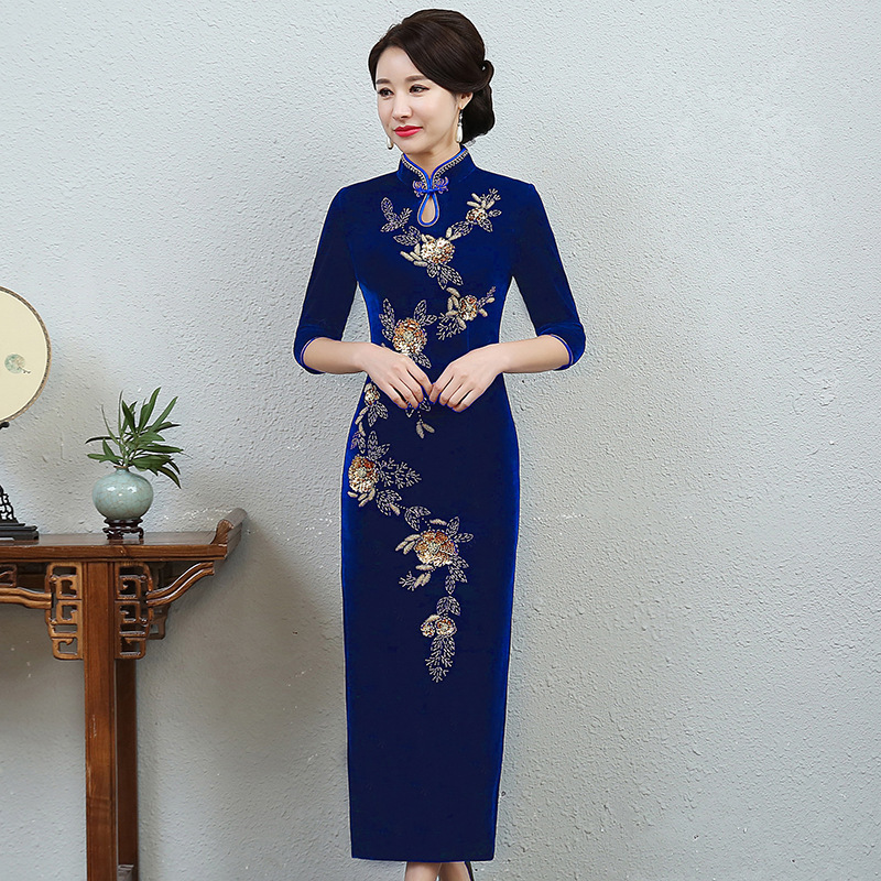 Gold Velvet cheongsam Autumn New beaded catwalk quality Factory Direct sales improved slim cheongsam dress blue