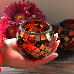 European Style Orange Gold Square Handmade Mosaic Glass Candle Holder Bar Romantic Expression Candlelight Dinner Ornaments