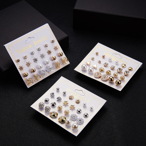 Factory direct sales new paper card zircon card earrings, versatile style 12 pairs of pearl flower bow zircon card earrings