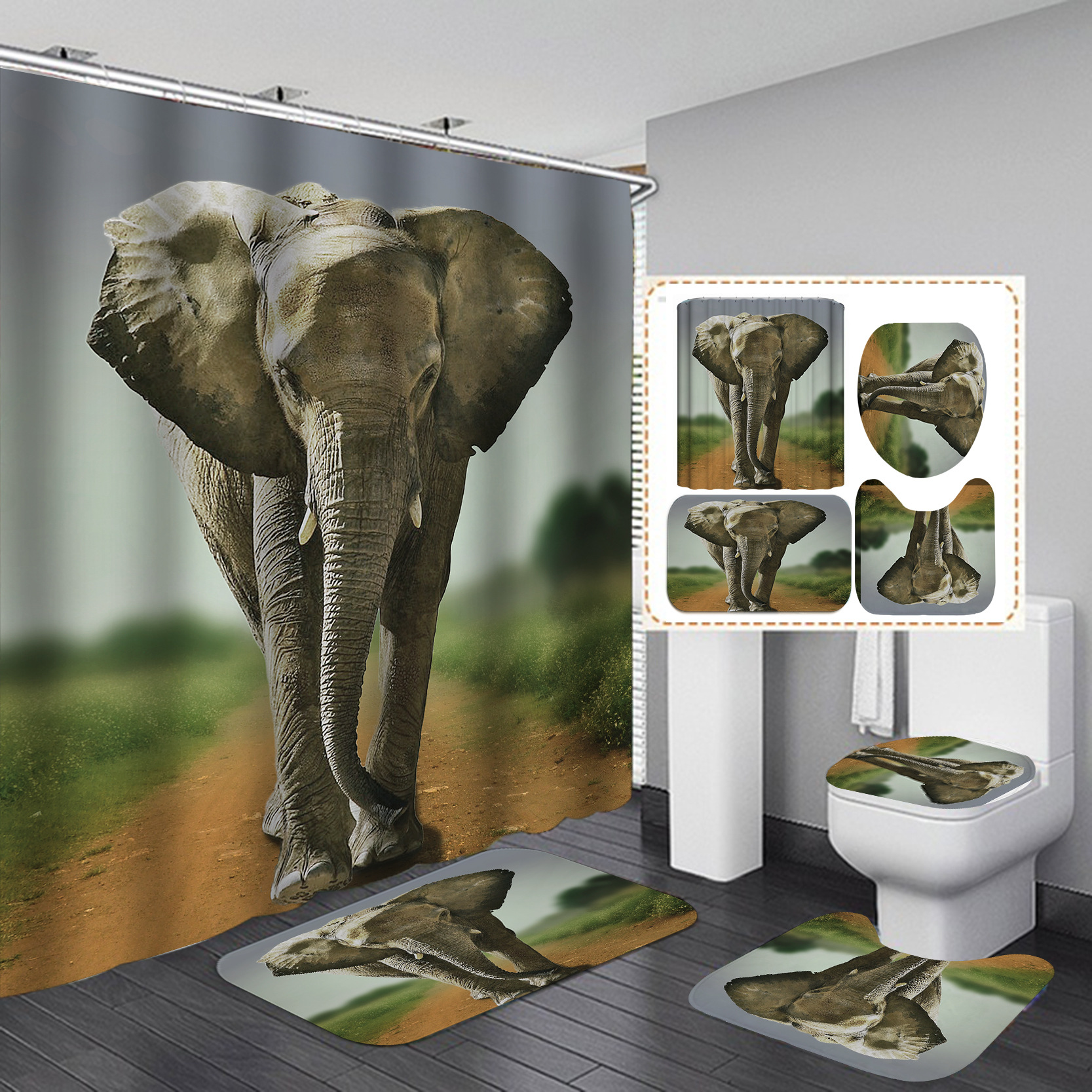 Amazon transfronteriza Venta caliente Impresión digital impermeable poliéster elefante Cortina de ducha de suministro directo de fábrica Cortina de ducha al por mayor