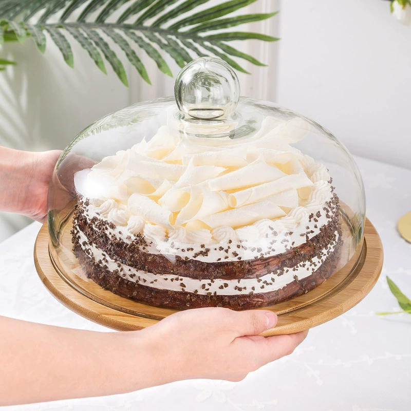 Креативная прозрачная пылезащитная крышка для торта стеклянная крышка для пищи тортовая тарелка десерт десертный стол закуски стеклянная крышка с поддоном из бамбука и дерева