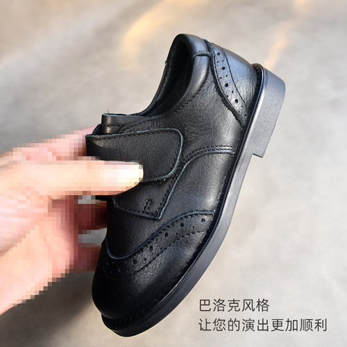 Children's leather shoes for boys and girls, black leather shoes, spring and autumn ceremonial shoes, performance shoes, college style baby soft leather