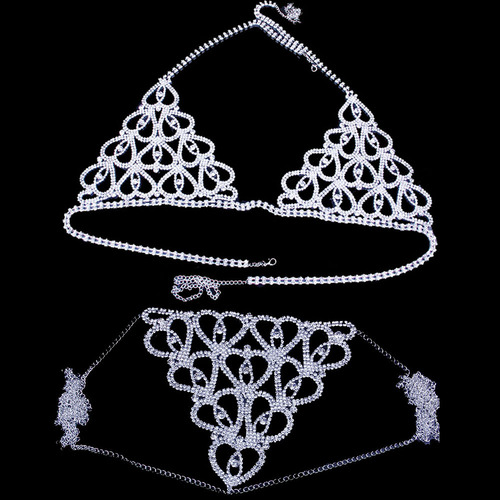 Elegant and Sexy Body Chain Set with Water Diamond and Luxurious Bra, Trendy Nightclub Heart Design, Instagram Influencer Fashion Accessory