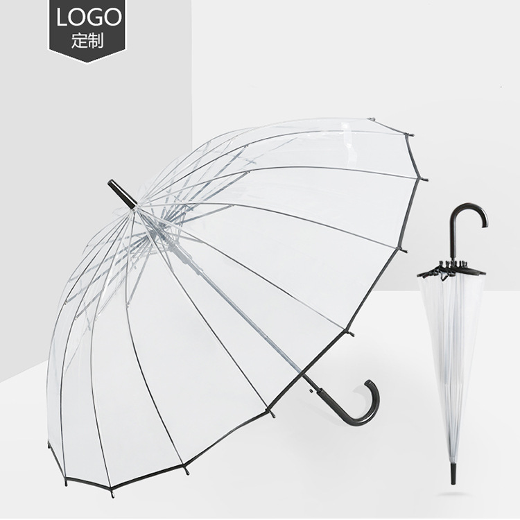 厂家批发长柄16骨防风双人加厚面料透明伞 直杆透明雨伞可印logo