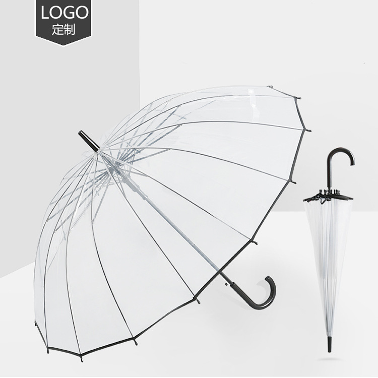 Manufacturer Wholesale Long Handle 16-Bone Windproof Double Thickeneded Fabric Transparent Umbrella Straight Pole Transparent Umbrella with Logo Printing