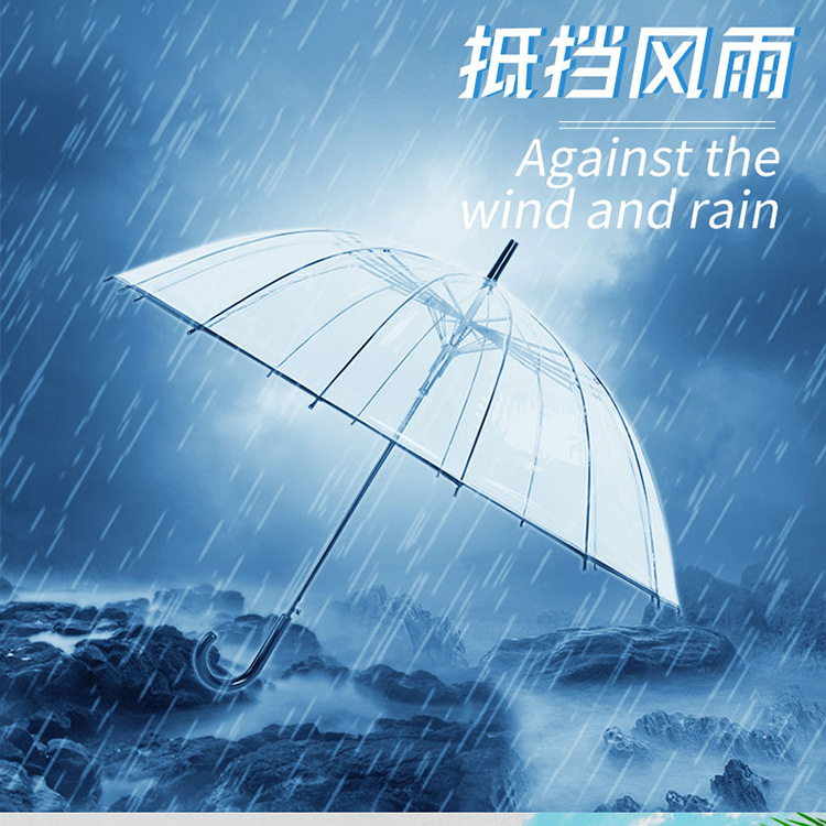 Manufacturer wholesale long handle 16 rib windproof double thickened fabric transparent umbrella straight pole transparent umbrella can be printed with logo