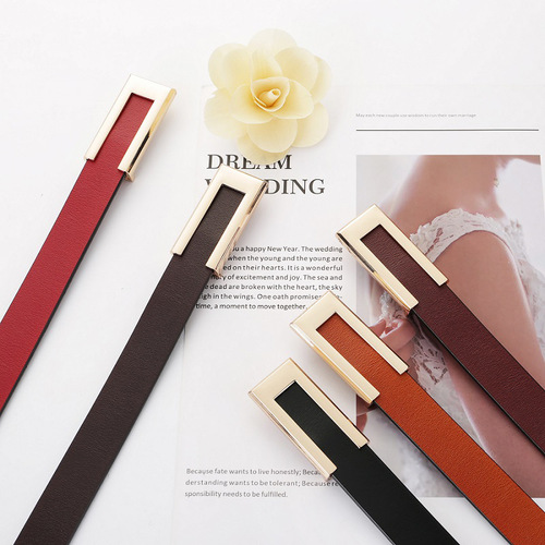 Wholesale Women's Rectangle Smooth Buckle Calfskin Belt for Casual, Versatile Decor Korean Style Genuine Leather Belt