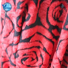 時尚女裝面料針織緯編絨布紅色玫瑰花燒花爛花人棉粘膠天鵝絨布