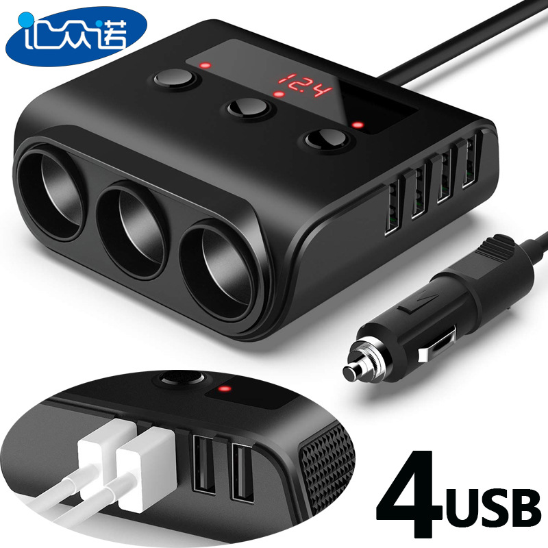 新款TR12车载点烟器一拖三带开关电压显示4USB充电120W快充