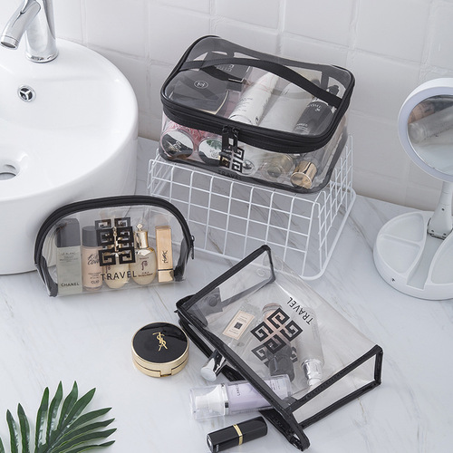 European-style printed transparent makeup bag with handle, portable half-round, triangle, and square toiletry bag set of 3 TPU storage bags