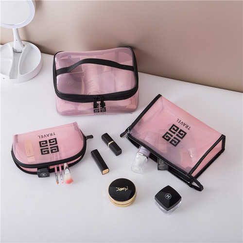 European-style printed transparent makeup bag with handle, portable half-round, triangle, and square toiletry bag set of 3 TPU storage bags