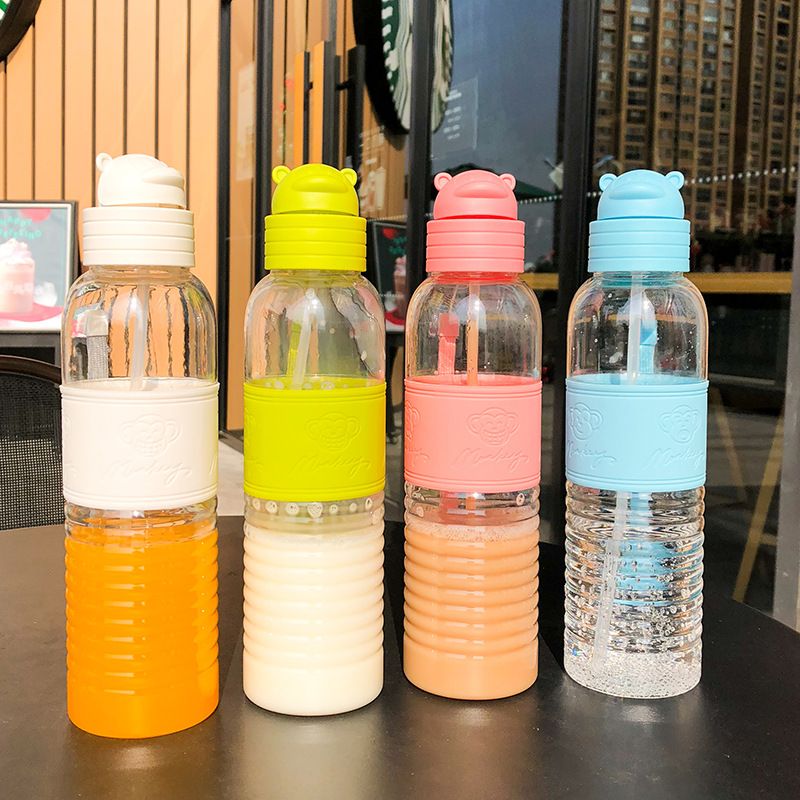 Mono de dibujos animados red transparente taza de plástico rojo paja taza de agua resistente a la caída al aire libre deportes portátiles taza de estudiante taza portátil