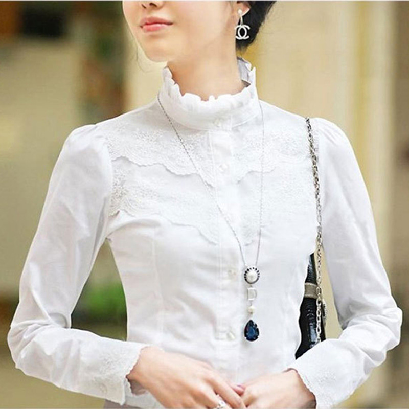 Vertical Collar Lace Shirt Women's Commuter Long-sleeved Slim-fit Pure Cotton Women's Shirt Suit with White Base Long-sleeved