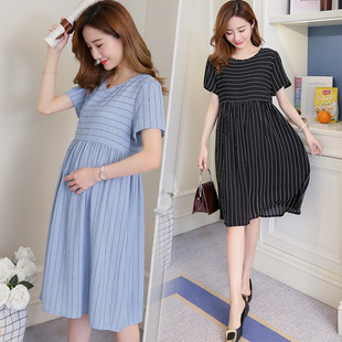 Maternity Wear, Maternity Dress, Summer Dress, Mid-Length Short-Sleeved Maternity Lace-Up Striped Loose Large Size Dress