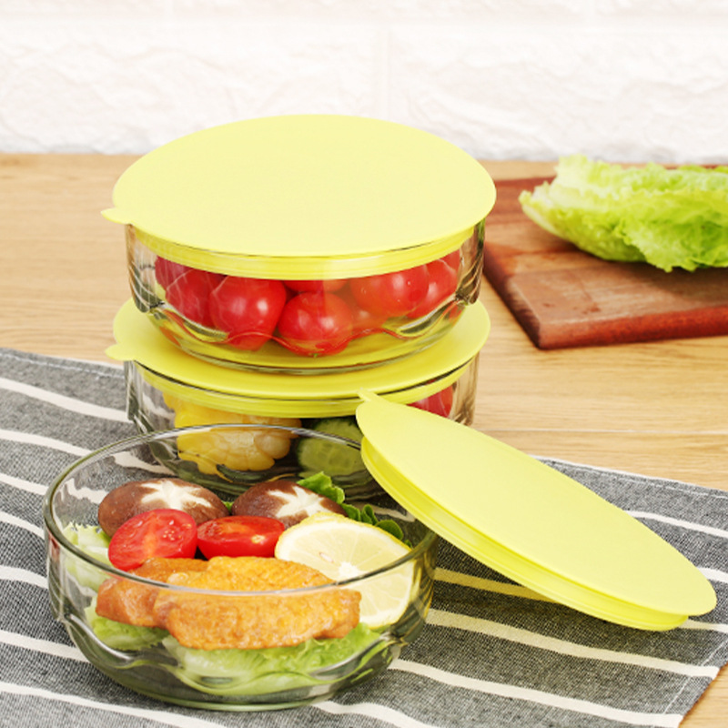 Juego de tres piezas de tazón de vidrio para el hogar con tapa de vegetales y frutas redondo sellado tazón de vidrio caja de almuerzo apertura actividad tazón de regalo
