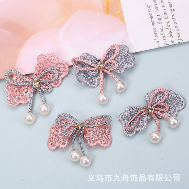 New Handmade DIY Hair Accessory Materials, Pink Lace Bow Trim with Pearl Bow Trim, in Stock