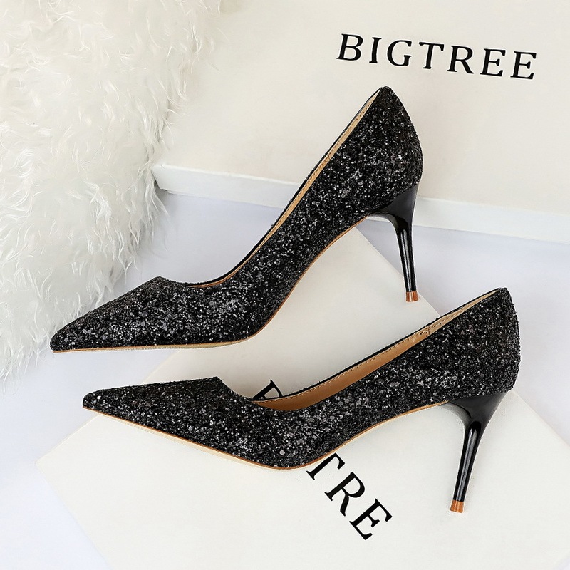 9219-A1 European and American Style Sexy Nightclub Slimming High-Heeled Women's Shoes with Thin Heels, Fashionable and Shiny Sequin Single Shoes