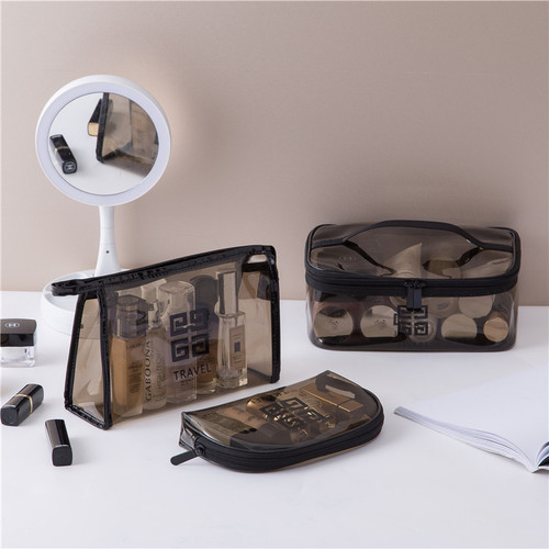 European-style printed transparent makeup bag with handle, portable half-round, triangle, and square toiletry bag set of 3 TPU storage bags