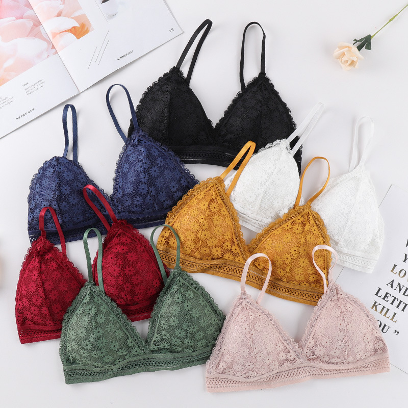 Ropa interior de las mujeres triángulo taza Correa francesa delgada sexy encaje sujetador inalámbrico belleza espalda envuelta pecho empuja hacia arriba el sujetador