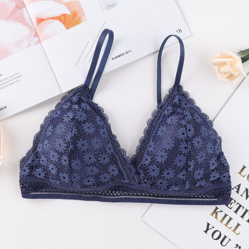 Ropa interior de las mujeres triángulo taza Correa francesa delgada sexy encaje sujetador inalámbrico belleza espalda envuelta pecho empuja hacia arriba el sujetador