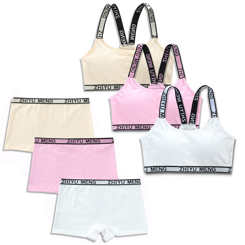 Girls' Bra Development Period Without Rims Vest-Style Cotton Letters with Inserts Set Underwear for Older Children and Girls 14