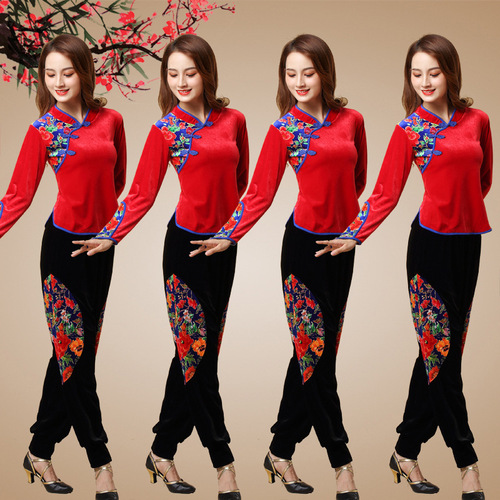 Tingziyu autumn and winter square dance costume new set gold velvet dance performance costume finger button yangko folk dance