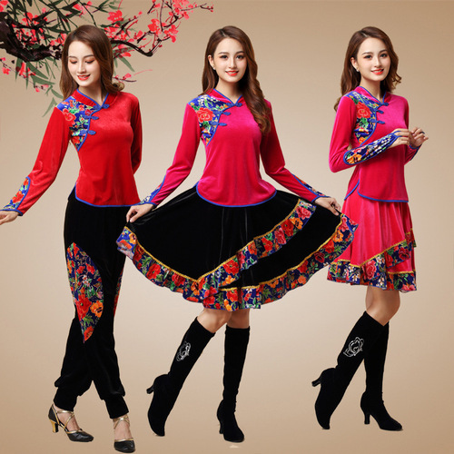 Tingziyu autumn and winter square dance costume new set gold velvet dance performance costume finger button yangko folk dance