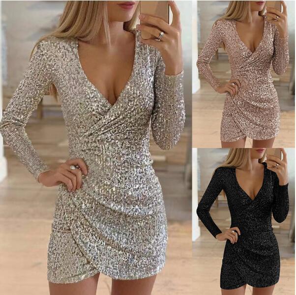 Amazon European and American Autumn Clothing Sexy V-Neck Hip-Covering Asymmetrical Short Skirt Sequin Dress Dress