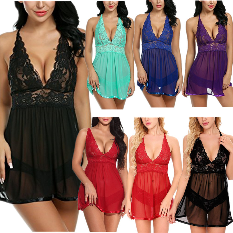 ebay European and American perspective sexy lingerie back slit nightdress women's summer mesh suspender dress V-neck lace sexy pajamas