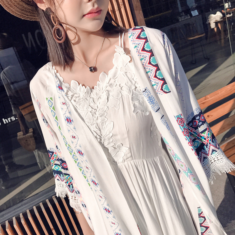 New Holiday Style Beach Sun-protective Clothing Women's Ethnic Style Printed Shawl Jacket Retro Mid-length Cardigan dress