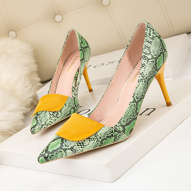 899-9 European and American style pointed stiletto heel high heel women's single shoes stitching snake pattern women's shoes Sexy Slim versatile high heels