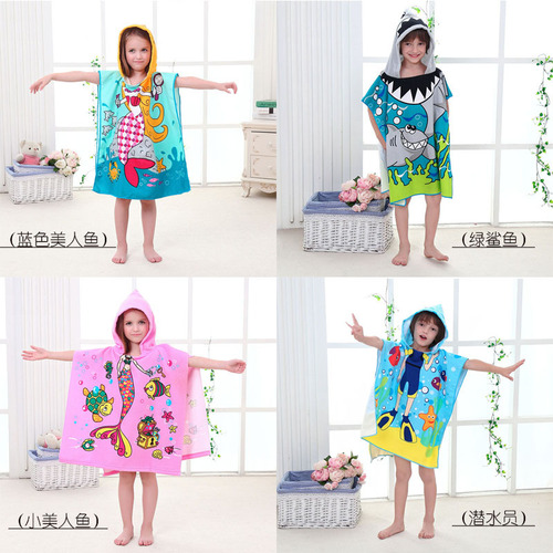 Microfiber Cartoon Print Children's Bath Towel Cape for Kids, Wearable Children's Robe with Hooded Scarf Beach Towel