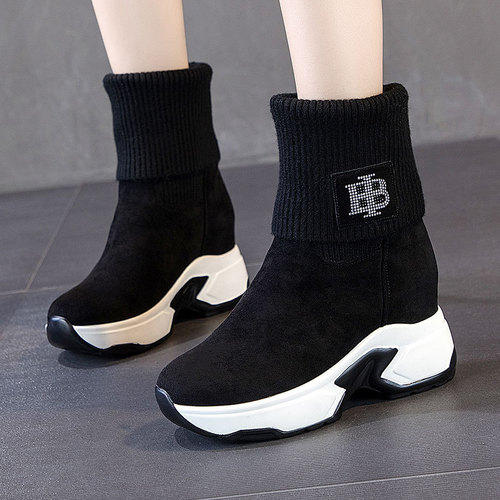 Thick-soled socks shoes for winter women's velvet knitted mid-calf versatile elastic casual boots inner heightening short boots snow boots