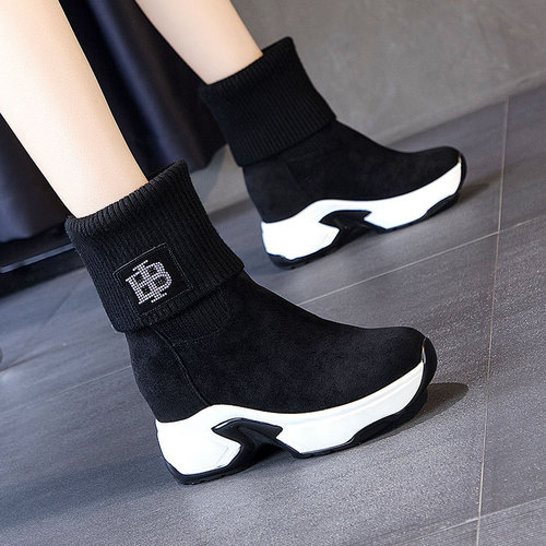 Thick-soled socks shoes for winter women's velvet knitted mid-calf versatile elastic casual boots inner heightening short boots snow boots