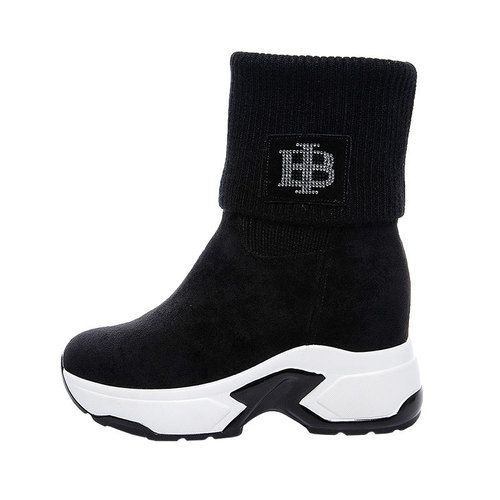 Thick-soled socks shoes for winter women's velvet knitted mid-calf versatile elastic casual boots inner heightening short boots snow boots