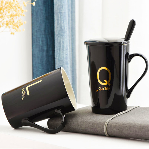 Creative Surname Letter Ceramic Mug, Mark Cup with Lid and Spoon, Couple’s Cup, Logo Coffee and Milk Cup, Big-Bellied Cup