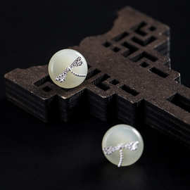 素十八s925银简约气质复古和田玉蜻蜓耳钉女国风ins风耳饰品批发