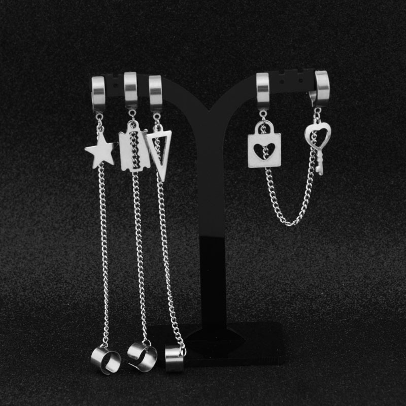 Cross-Border Supply Stainless Steel Earrings Tiktok and Kuaishou Popular Key Lock Earrings Blade Ear Clips Ear Bone Chain Cross-Border Supply Stainless Steel Earrings Tiktok and Kuaishou Popular Key Lock Earrings Blade Ear Clips Ear Bone Chain