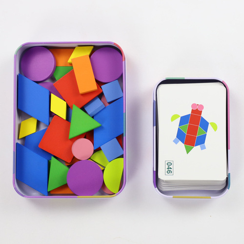 Metal box geometric shape puzzle, toddler intelligence Tangram, fun-shaped animal puzzle, wooden toy
