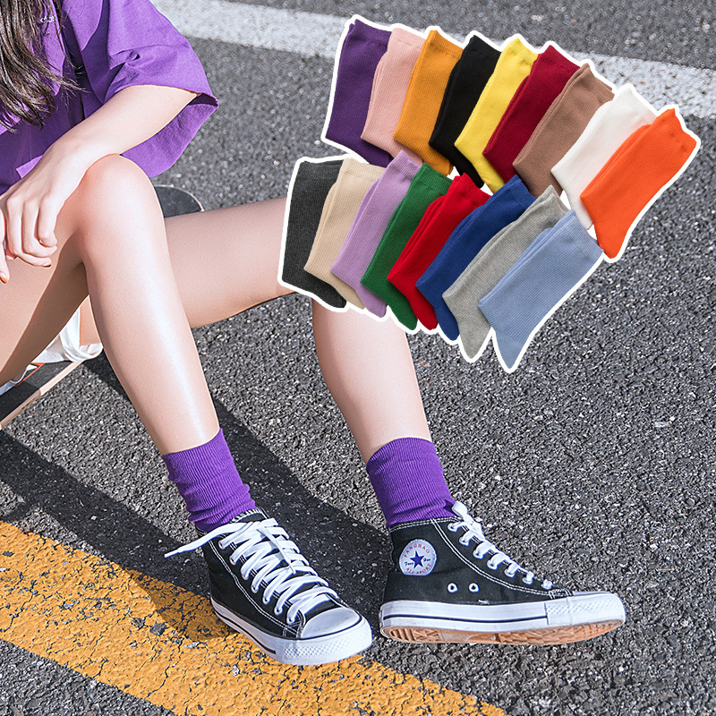 New pile socks women's cotton autumn and winter Japanese pure color cotton candy mid-calf Tide socks college style warm drawstring women's socks